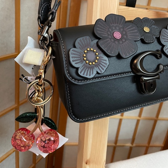 Coach Tea Rose Mini Studio Baguette Pewter/Black & a Pink Cherry Bag Charm NWT - Picture 4 of 17